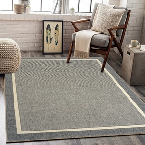 Modern abstract grey woven area rug with cream border on wood floor in living room