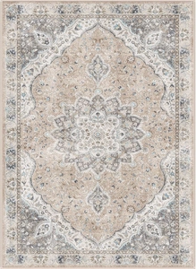 Close-up of Persian rug detail showing intricate floral patterns and beige woven textures