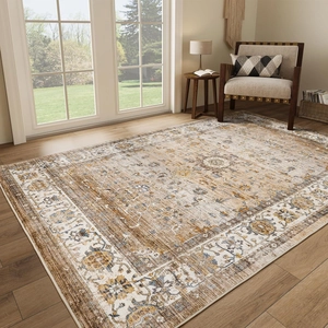 Persian style floral area rug with vintage distressed pattern for living room decor