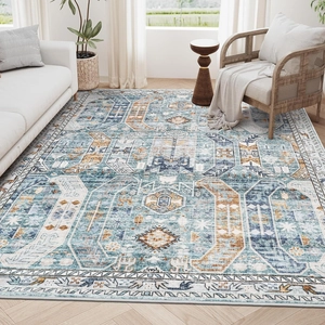 Distressed bohemian area rug with geometric patterns for modern living room decor