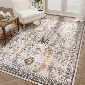 Vintage tribal geometric rectangular area rug in grey and beige for living room decor