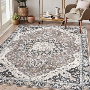 Classic Persian medallion area rug in beige and charcoal for a modern living room decor