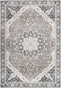 Detailed top-view of vintage Persian medallion rug with distressed texture and cream grey tones