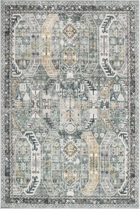 Close-up of distressed Persian rug texture with vintage geometric patterns and green tones