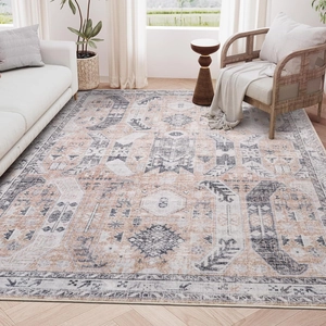 Detail of a thick woven Persian rug featuring vintage patterns in a modern living room