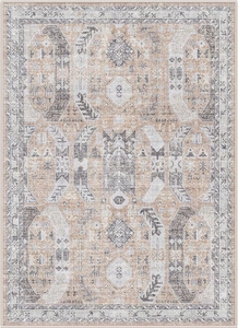 Detailed top-down view of a rectangular Persian style area rug with distressed floral patterns