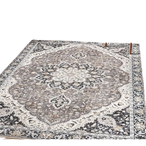 Thick Persian style living room rug with vintage mandala floral patterns in beige and grey