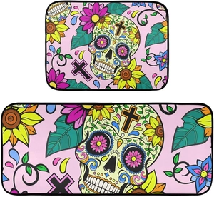 Detail of Day of the Dead kitchen mat set with sugar skull and floral pattern
