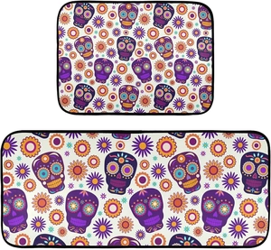Detail view of thickened kitchen mat set with Day of the Dead skull and floral patterns