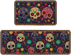 Detailed macro view of two-piece Day of the Dead kitchen mats with sugar skull patterns