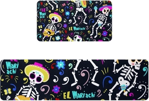 Detail of Day of the Dead kitchen mats featuring Mariachi skull and colorful floral art