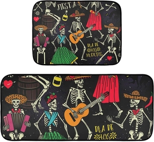 Detail of Day of the Dead kitchen mat set with vibrant skeletons and Fiesta theme