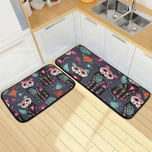 Day of the Dead sugar skull cat kitchen mats set with floral pattern on wood floor