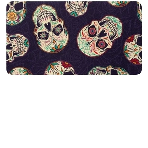 Thickened Day of the Dead kitchen mat with colorful sugar skull pattern on purple base