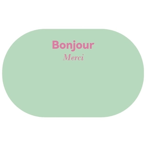 Minimalist green oval bath mat with Bonjour and Merci text, quick-dry absorbent design