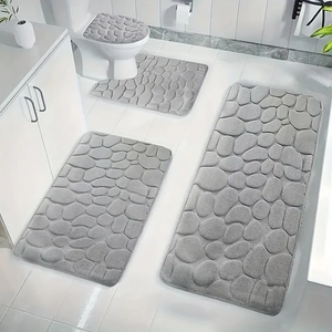 Pebble Embossed Coral Fleece Bathroom Rug Collection Non Slip Absorbent Toilet Mat Lid Cover U-Shaped Rug Floor Door Mat