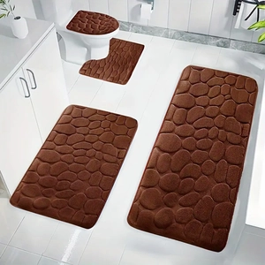 4-piece brown pebble embossed coral fleece bathroom rug set with non-slip backing
