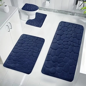 4-piece navy blue cobblestone embossed coral fleece bathroom rug set with non-slip backing