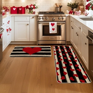 Kitchen mat set of two with red hearts and striped pattern on wooden floor