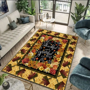 Retro American rectangular rug with Thankful and grateful text and sunflower pattern
