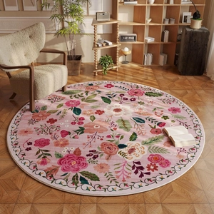 Floral round faux cashmere rug with vintage pink roses for cozy living room decor