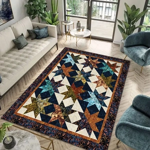 Detail of vintage geometric star pattern rug showing high-density printed short hair fabric