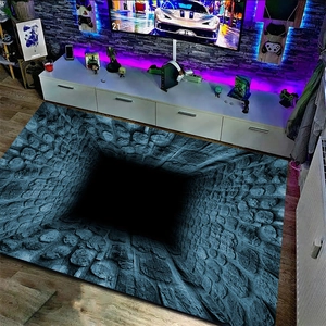 Macro detail of 3D optical illusion carpet with stone pit abyss design for modern living room