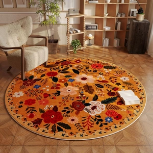 Retro floral round faux cashmere rug in orange yellow featuring vintage rose patterns