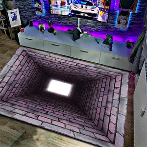 Detailed macro of a 3D illusion rug with purple deep-well tunnel pattern for game rooms