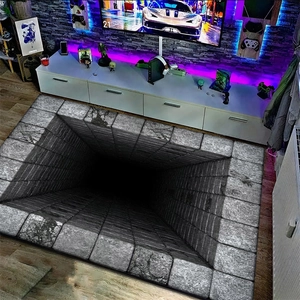 3D illusion living room rug with black and white stone brick pattern in modern game room