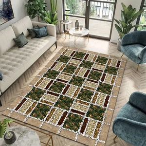 Vintage American style area rug with forest and wood grain patchwork in a living room