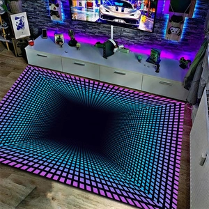 3D optical illusion carpet with grid tunnel design in a modern gaming room setting