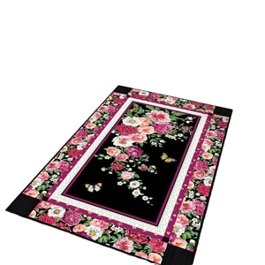 Retro American rectangular floral rug with black base and butterfly motifs on white background