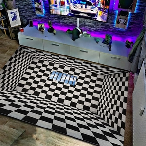 3D illusion rug with black and white checkered pattern and sky detail for living room