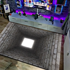 Detail showing 3D illusion rug with blue brick tunnel pattern in a modern living room