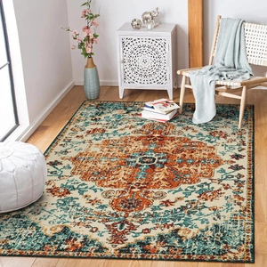 Bohemian vintage style rectangular carpet with orange and teal floral medallion patterns