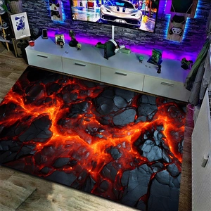 3D visual lava effect rug with glowing orange magma pattern for modern living room decor