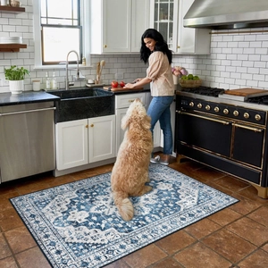 Detail of bohemian rug with vintage blue patterns in a modern kitchen setting
