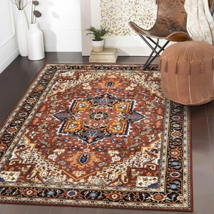 Bohemian rust red Persian area rug with intricate navy blue and gold geometric patterns