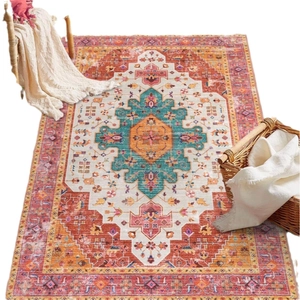 Thick Bohemian area rug with red floral patterns, perfect for living room or bedroom decor