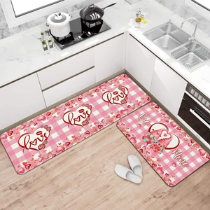 Valentine's Day Kitchen Rugs Floor Mats Polyester Anti-Slip Cartoon Gnome Heart Rose Printed Washable Kitchen Hallway Rug
