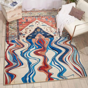 Bohemian large area rug with Persian patterns and modern fluid waves for living room decor