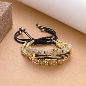 Three-piece luxury men's crown bead bracelet set in gold and black with zircon stones