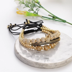 Luxury 3-piece crown charm bead bracelet set with gold plating and zircon inlay