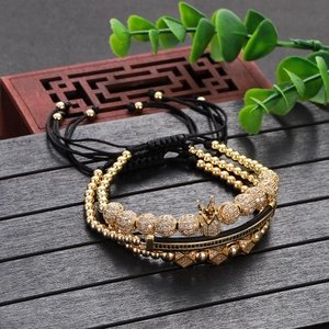 Luxury 3-piece bracelet set with gold crown zircon charm and geometric metal bangle