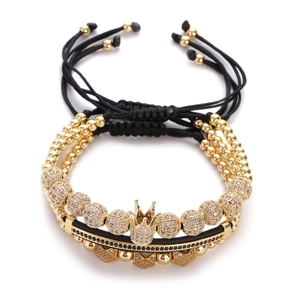 Luxury 3-piece golden crown bracelet set with micro-paved cubic zirconia beads