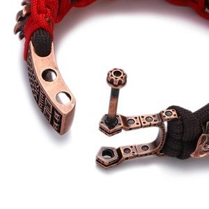 Handmade red and black paracord survival bracelet with vintage bronze buckle