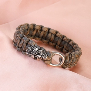 Paracord survival bracelet with native American chief copper buckle and D-shackle