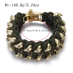 Army green woven paracord bracelet with gold metal tiger claw charms and buckle