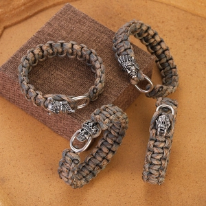 Handmade Woven Paracord Bracelet With Copper Skull Tribal Indian Chief Viking Helmet Pendant Outdoor Survival Jewelry For Men